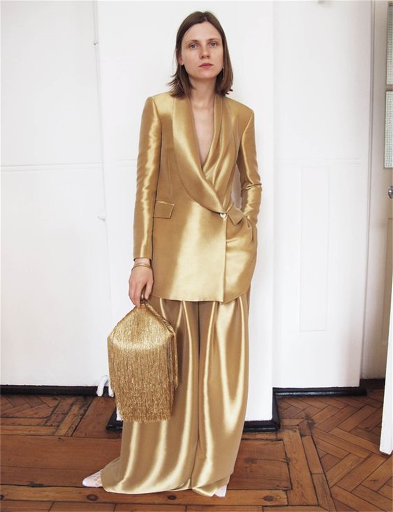 Women Formal Wear For Party - Gold-Seidensatin-Damenanzüge, Büro-Set für Hochzeit, Smoking, 2-teilig,
