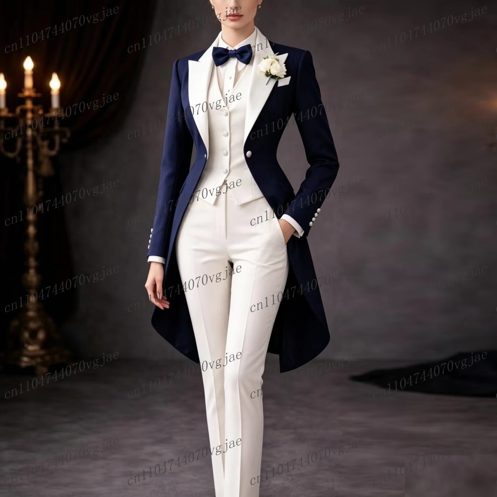 Blazer Set Women Formal - Marineblauer und weißer langer Damenanzug, formell,