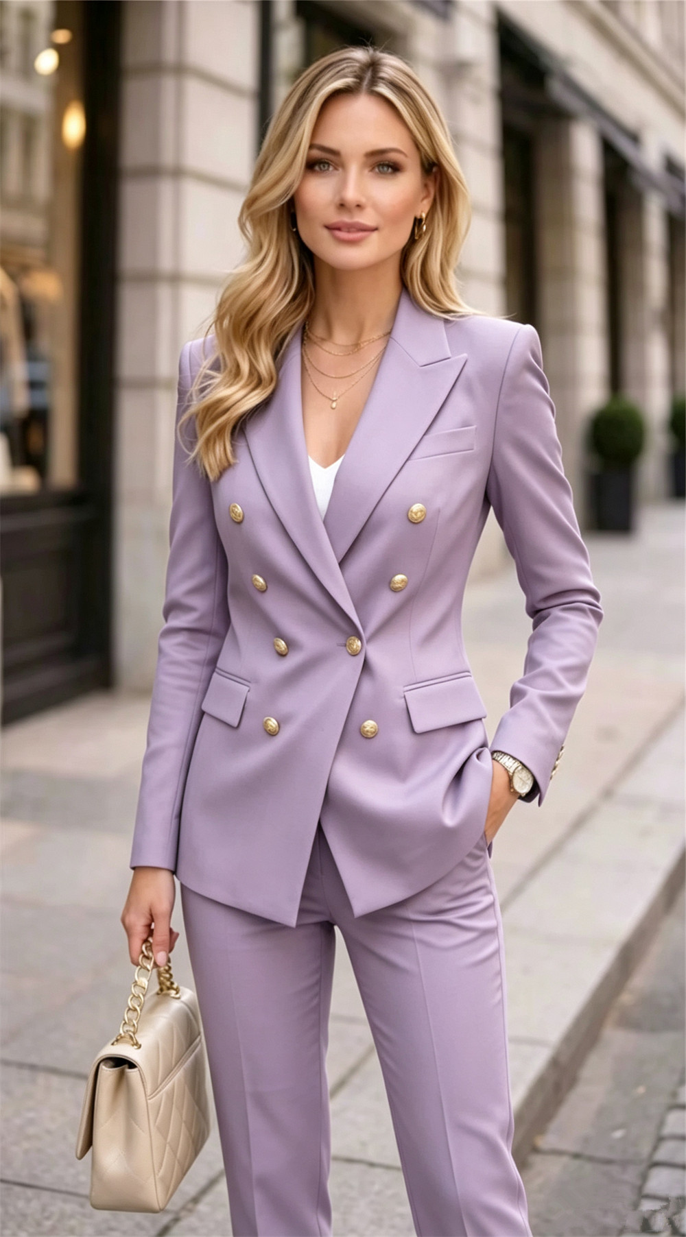 Blazer Set Women Formal - Lavendelfarbener Damen-Doppelreihiger 2-Teiliger Anzug Formeller Büro-Damen-Blazer-Set