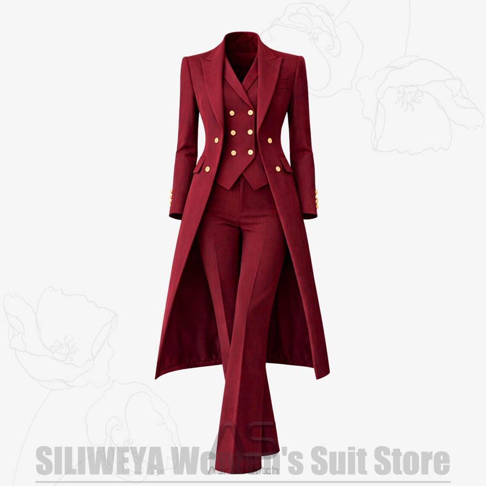 Women Formal Wear For Party - Damenanzug 3-teilig Doppelreihiger Langer Mantel Weste